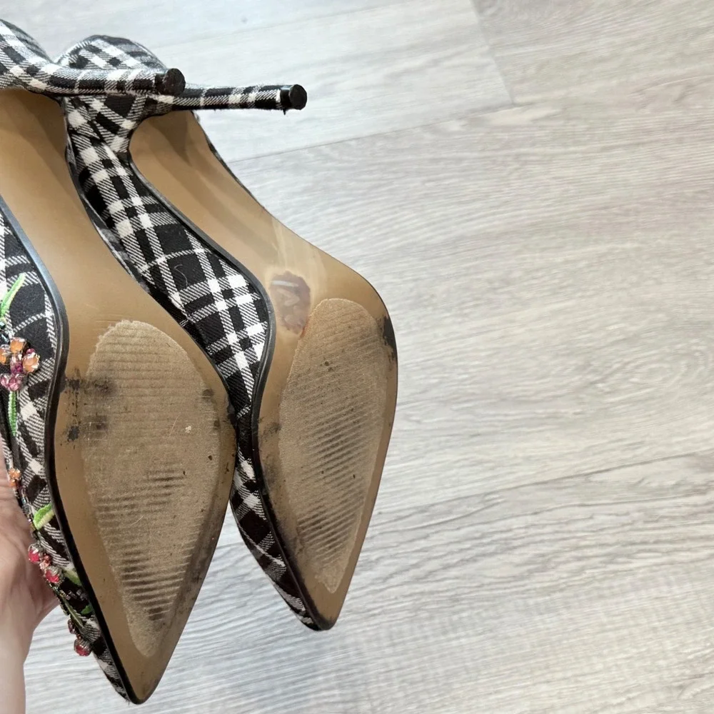 Betsey Johnson Rayn Plaid Floral Mesh Rhinestone Pumps Black White Womens Size 8